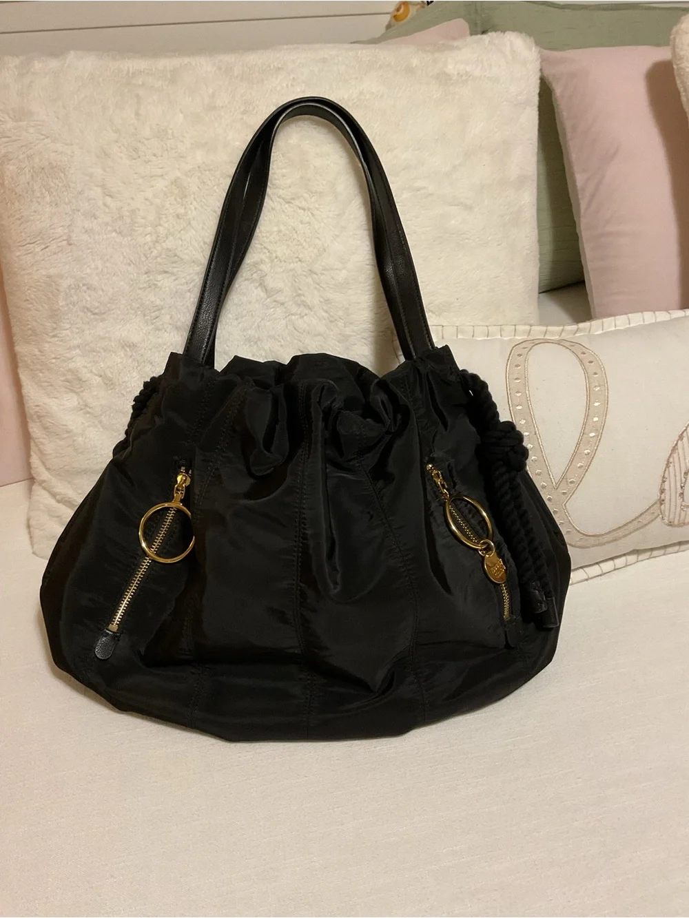 See By Chloe Flo- Black Nylon Shoulder Bag with Gold Ring Charm - Picture 13 of 13